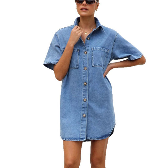 Damen Jeanshemdkleid mit kurzen Ärmeln und praktischen Taschen EB