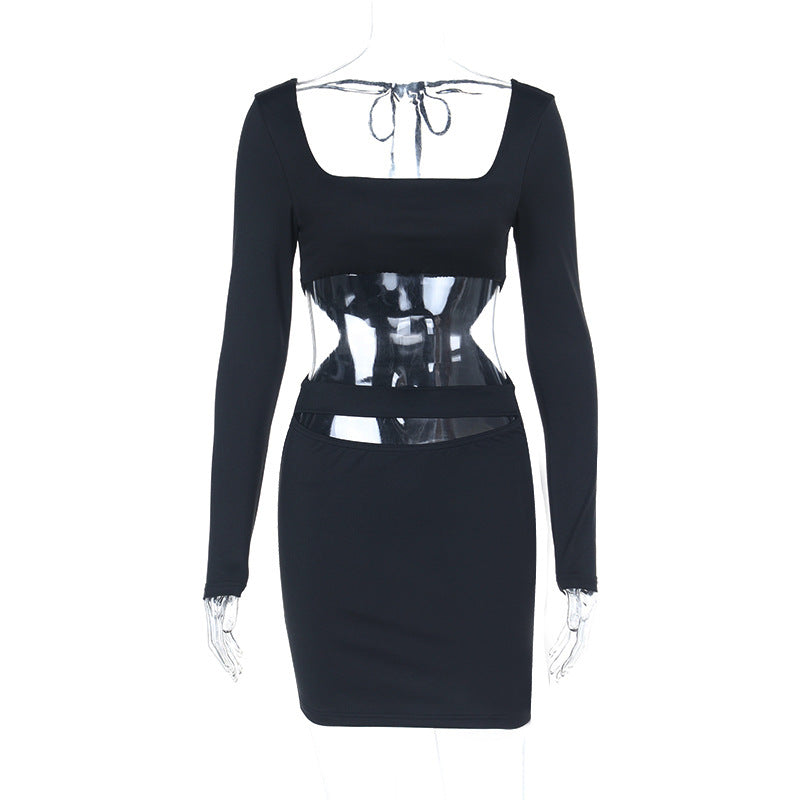 Damen Figurbetontes Cut-Out Minikleid mit quadratischem Ausschnitt und langen Ärmeln EB