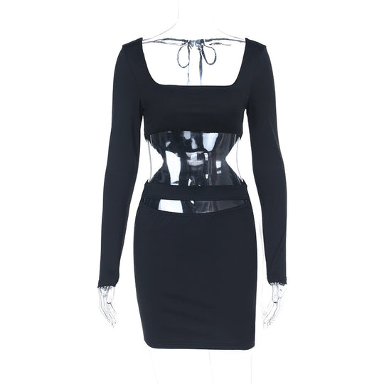 Damen Figurbetontes Cut-Out Minikleid mit quadratischem Ausschnitt und langen Ärmeln EB