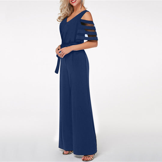 Damen Eleganter Jumpsuit mit transparenten Ärmel-Details und Taillengürtel EB
