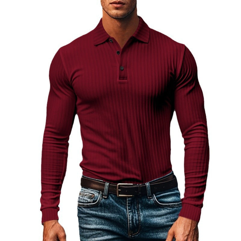 Herren nan figurbetontes Langarm-Polo mit feiner Rippenstruktur und klassischem Kragen EB