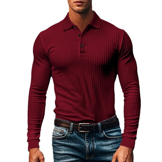 Herren nan figurbetontes Langarm-Polo mit feiner Rippenstruktur und klassischem Kragen EB