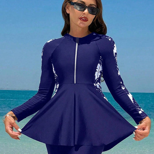 Damen Sportlicher Badeanzug mit hohem Hals und ausgestelltem Rock EB
