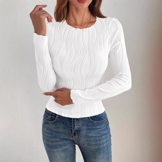 Damen nan figurbetontes Rippstrick-Longsleeve mit Wellendetail und Rundhalsausschnitt EB