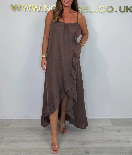 Damen Langarm Maxikleid mit asymmetrischem Saum und Rüsche EB