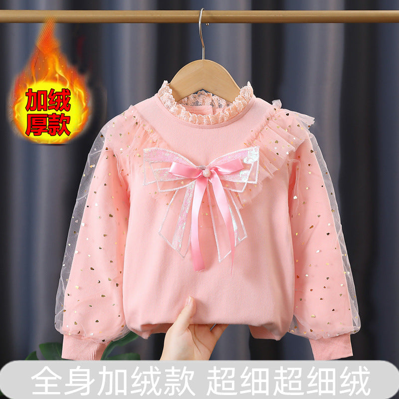 Mädchen modisches Sweatshirt mit dekorativen Tüllärmeln und Schleifendetails EB