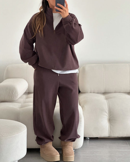 Damen nan Oversize Halbzip-Pullover mit Stehkragen und weitem Lounge-Hose-Set EB