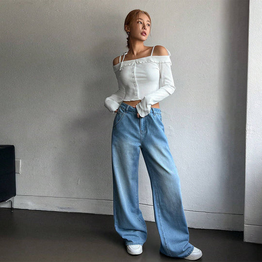 Damen geripptes schulterfreies Langarm-Cropped-Top mit Knopfleiste und Rüschensaum Eichborn Berlin
