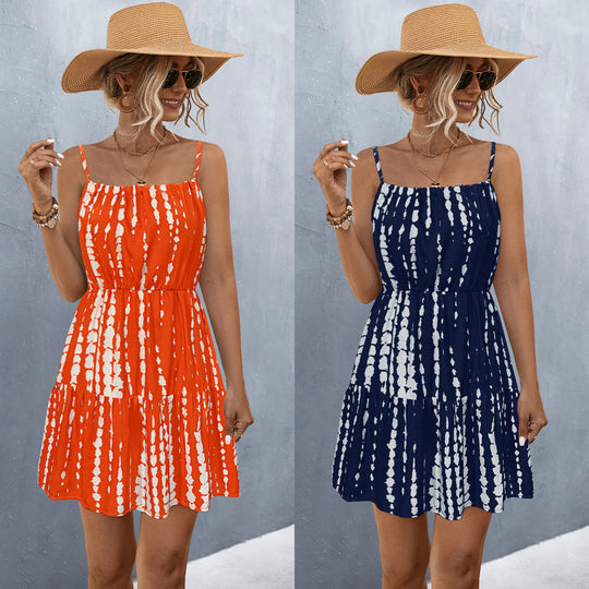 Damen Leichtes Spaghettiträgerkleid mit voluminösem Rock und modischem Batikdesign EB