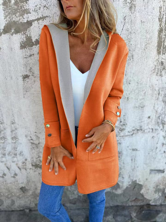 Damen modische Longjacke mit großzügiger Kapuze und praktischen Taschen EB