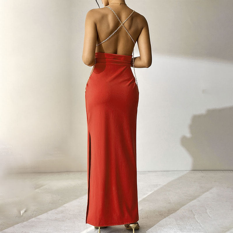 Damen Elegantes Langarm-Maxikleid mit tiefem V-Ausschnitt und zarten Rüschendetails EB