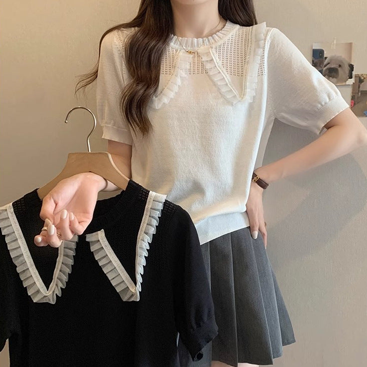 Damen Elegantes Strickoberteil mit dekorativem Rüschensaum und atmungsaktivem Design EB