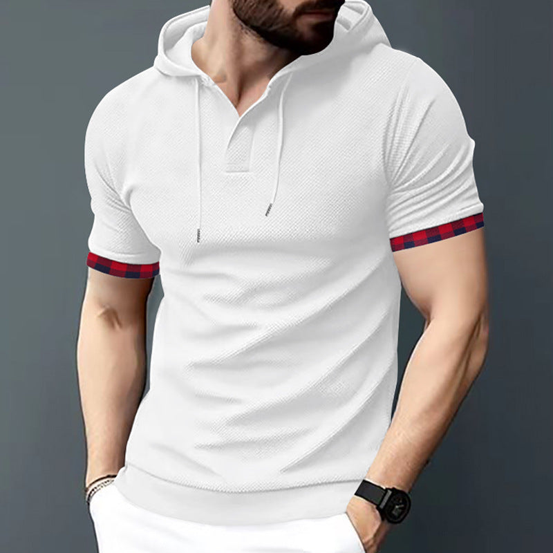 Herren nan figurbetontes Kurzarm-Kapuzenpoloshirt mit Henley-Blende und Kordelzug EB