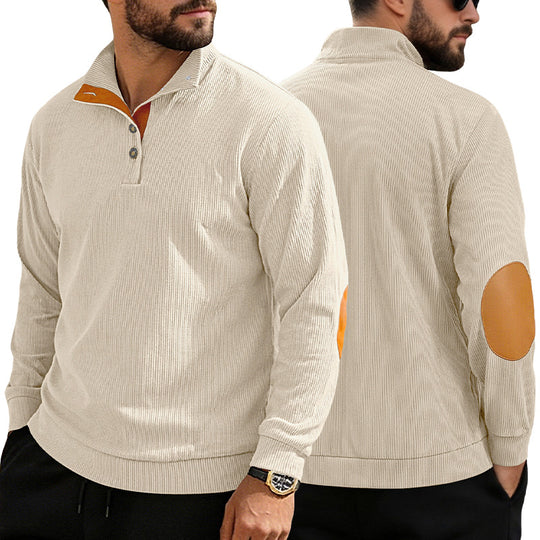 Herren nan fein gerippter Strickpullover mit Polokragen Knopfleiste und Ellenbogenbesatz EB