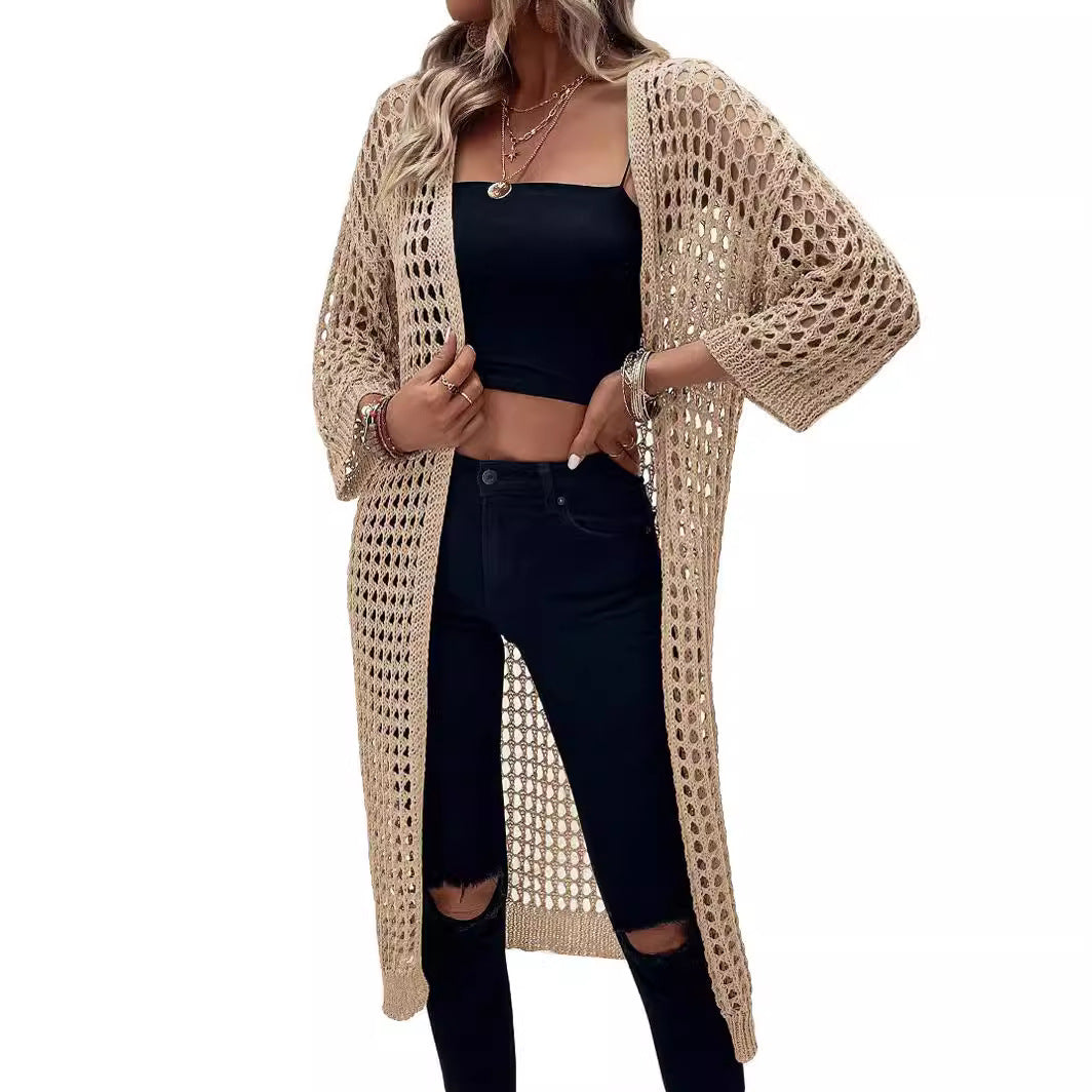 Damen Luftige Häkeljacke mit offenem Design und weiten Ärmeln EB