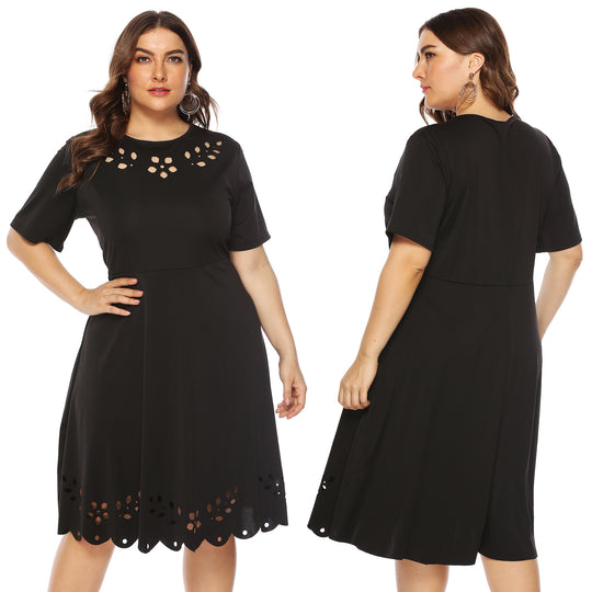 Damen elegantes Kleid mit durchbrochenem Kragen und wellenförmigem Saum EB