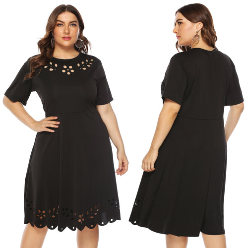 Damen elegantes Kleid mit durchbrochenem Kragen und wellenförmigem Saum EB