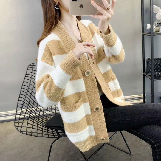 Damen Grobstrick-Cardigan mit Breton-Streifen und praktischen Taschen EB