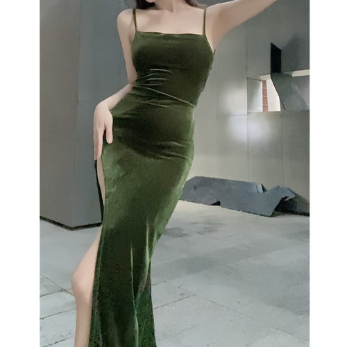 Damen Elegantes Stoff-Maxikleid mit seitlichem Schlitzausschnitt und schmalen Trägern EB