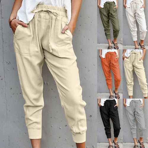 Damen nan lässige tapered Leinenhose mit elastischem Bund und Bündchen EB