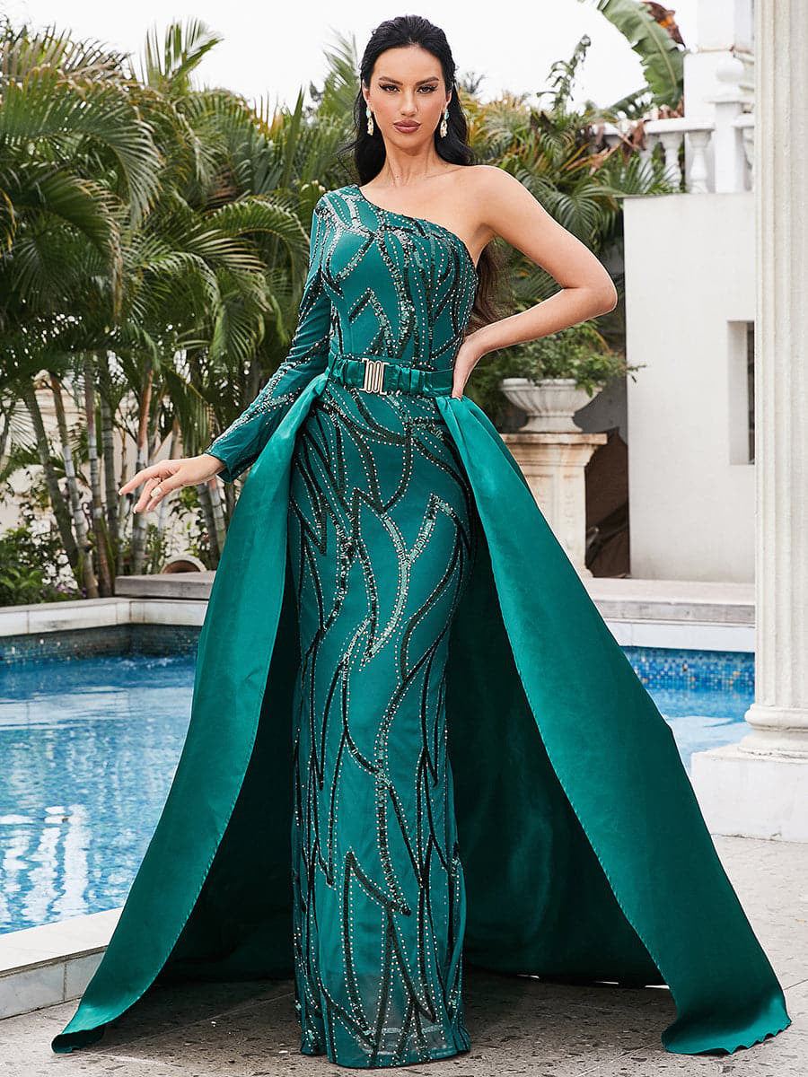 Damen Maxikleid mit glitzerndem Muster und elegantem Cape EB
