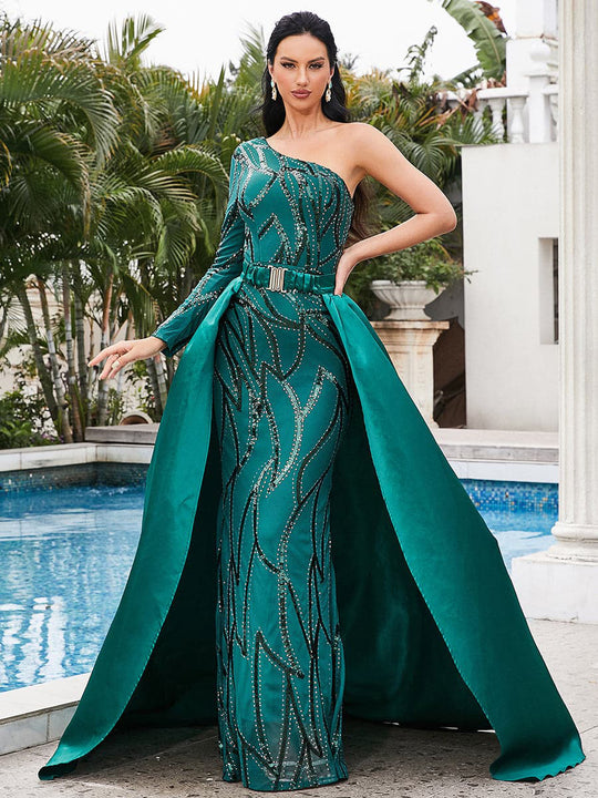 Damen Maxikleid mit glitzerndem Muster und elegantem Cape EB