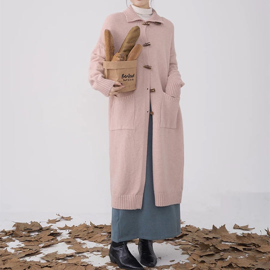 Damen langer Strickmantel mit Knöpfen und praktischen Taschen EB