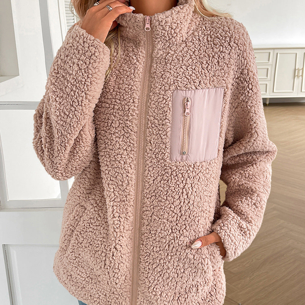 Damen kuschelige Fleecejacke mit hohen Kragen und praktischen Taschen EB