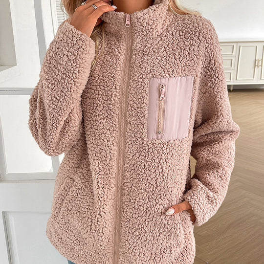 Damen kuschelige Fleecejacke mit hohen Kragen und praktischen Taschen EB