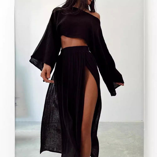 Damen Zweiteiliges Maxikleid mit Off-Shoulder-Design und Schlitz EB