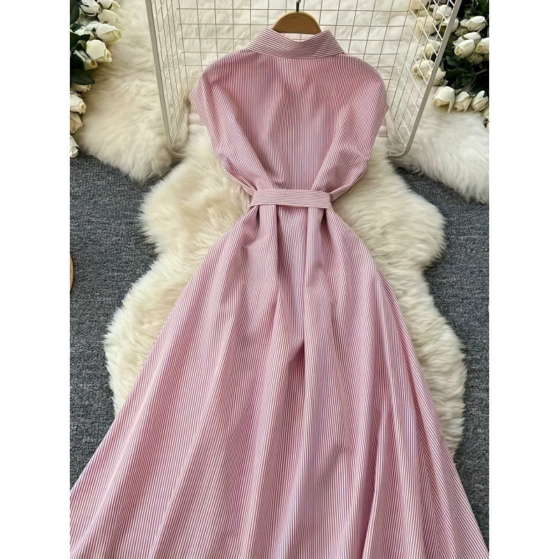 Damen Langarm Hemdblusenkleid mit Gürtel und gestreiftem Design EB