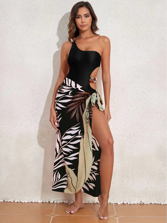 Damen Badeanzug-Set mit asymmetrischem Oberteil und elegantem Sarong EB