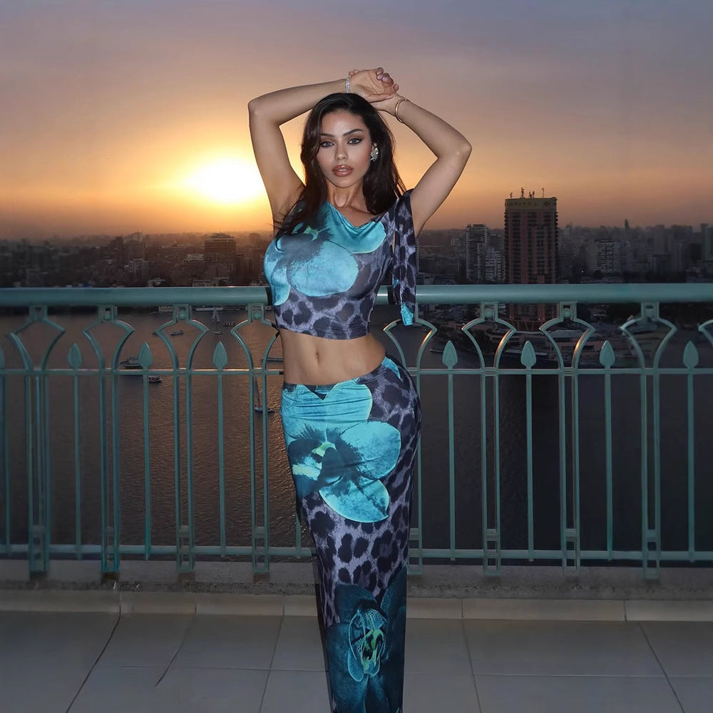 Damen elegantes Set mit asymmetrischem Oberteil und langem Rock EB