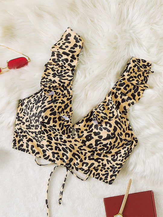 Damen Bikinioberteil mit modischem Leopardenmuster und Rüschendetails EB