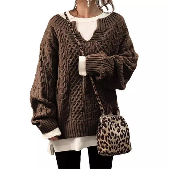 Damen Grobstrickpullover mit V-Ausschnitt und modischem Zopfdesign EB