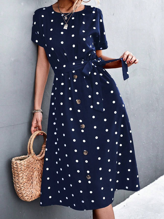 Damen Kleid mit Knopfleiste und modernen Punkte-Design EB