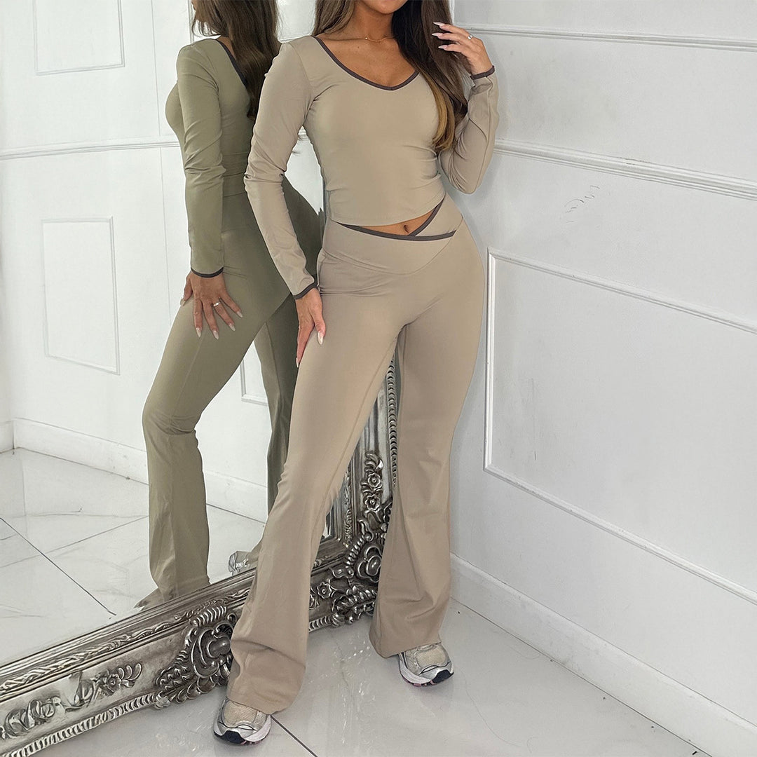 Damen nan figurbetontes Longsleeve-Croptop und ausgestelltes High Waist Schlaghosenset EB