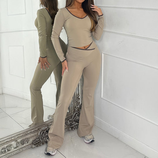 Damen nan figurbetontes Longsleeve-Croptop und ausgestelltes High Waist Schlaghosenset EB