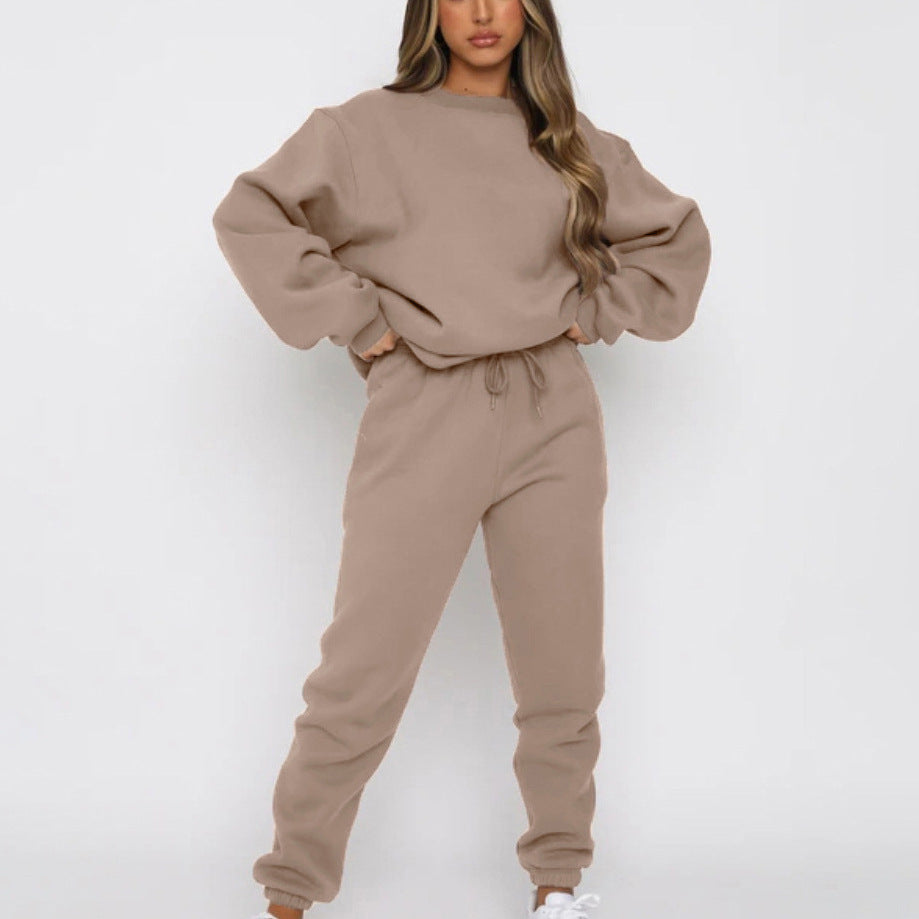 Damen kuscheliges Relax-Sweatshirt- und Jogger-Set aus angerautem Baumwollmix mit Raglanärmeln EB