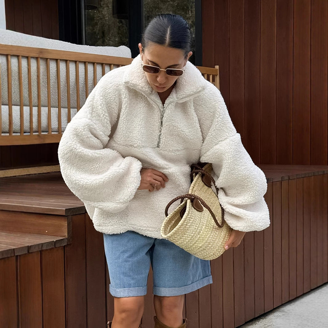 Damen Fleece-Pullover mit hohem Kragen und seitlichen Taschen EB