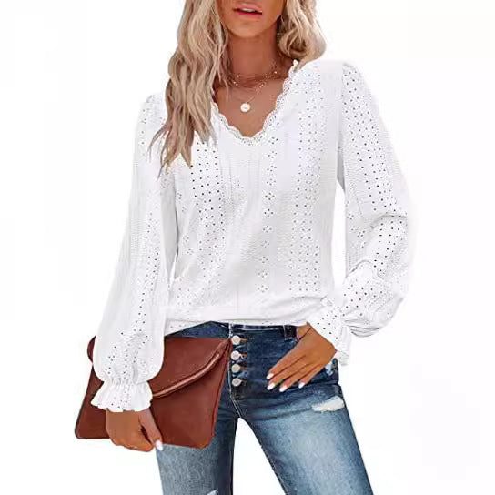 Damen Bluse mit Spitzenmuster und Ballonärmeln EB