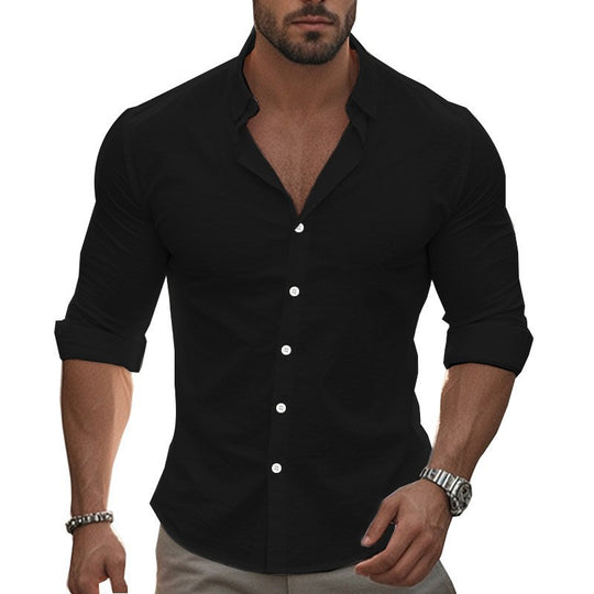 Herren nan tailliertes Stretch-Hemd mit Stehkragen, Slim-Fit und aufgerollten Ärmeln EB