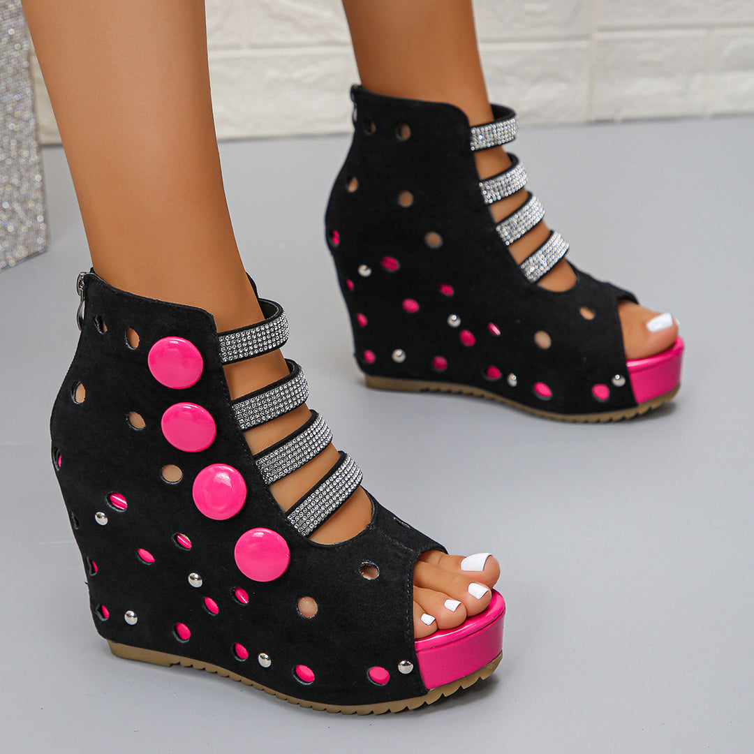 Damen Wedge-Sandalen mit modischem Lochdesign und glitzernden Applikationen EB