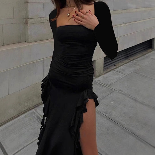 Damen elegantes und figurbetontes Abendkleid mit Rüschen und abgestimmtem Oberteil EB