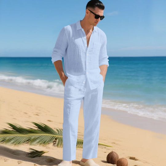 Herren leichtes Leinen-Outfit mit stilvollem Hemd und eleganter Hose EB