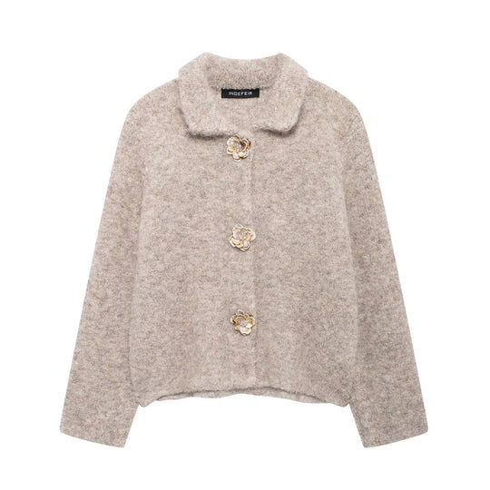 Damen elegante Wolljacke mit dekorativen Blütenknöpfen EB