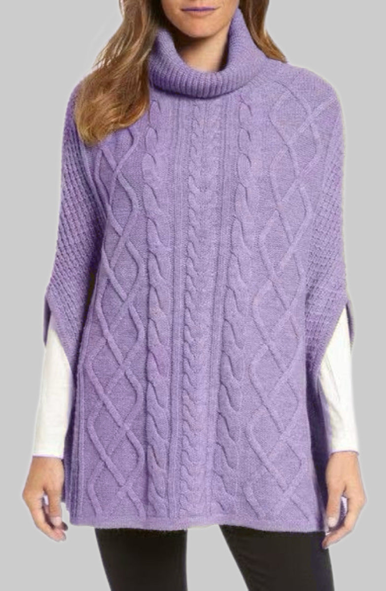 Damen Strickponcho mit hohem Kragen und klassischen Zopfmuster EB