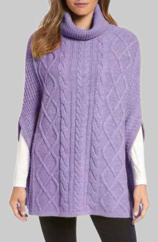 Damen Strickponcho mit hohem Kragen und klassischen Zopfmuster EB