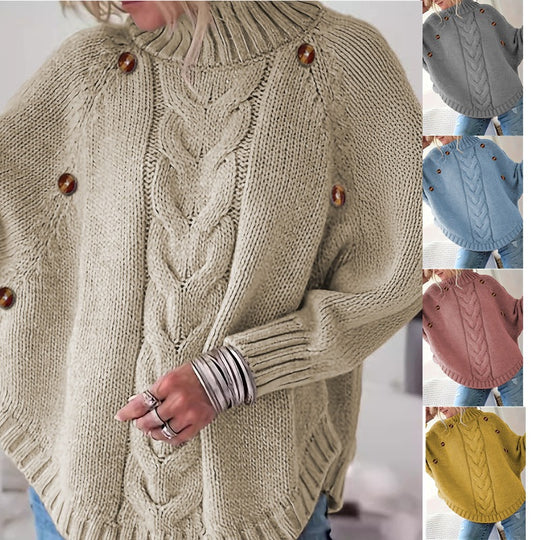 Damen Lockere Strickpullover mit hohem Kragen und dekorativen Knöpfen EB