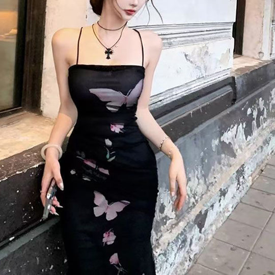 Damen elegantes Wickelkleid mit floralem Schmetterlingsdruck und verstellbaren Spaghetti-Trägern EB